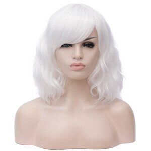 New BUFASHION 14" Women Short Wavy Curly Wig - White Bob Wig with Side Bangs (Wh